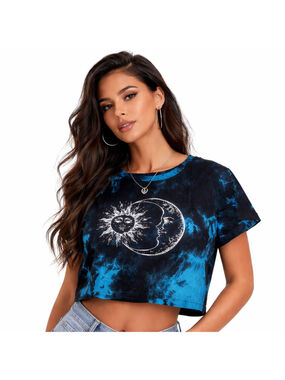 Women’s Distressed Short Sleeve Crop Top T-Shirt – Black/Blue Tie Dye–Size S–NWT